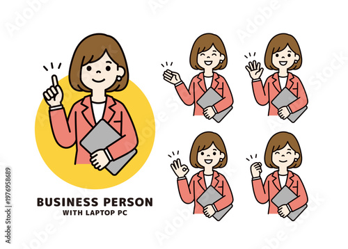 ラップトップPCを持って説明・紹介する、ビジネスウーマンの上半身ベクターイラスト素材セット
