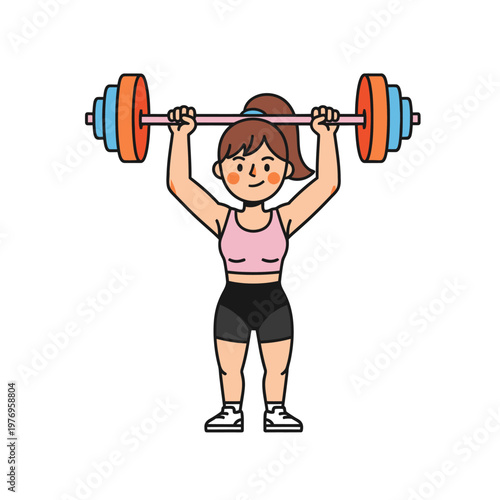 Woman Lifting Barbell Overhead, Fitness and Strength Training Cartoon