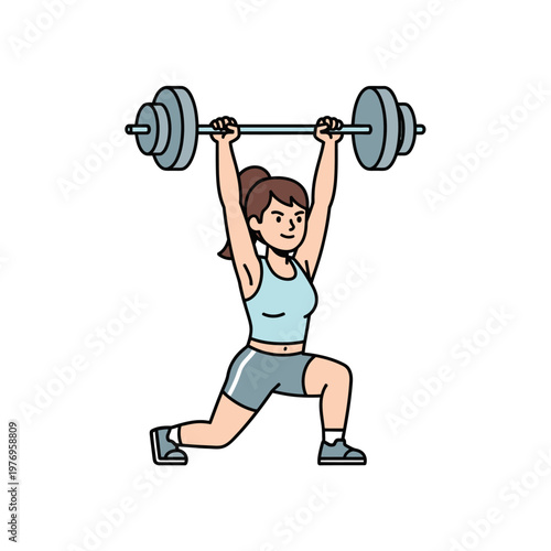 Woman lifting barbell overhead in lunging workout pose, fitness illustration