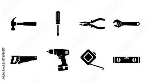 Black construction tool icons, 8 hardware vector elements, repair equipment