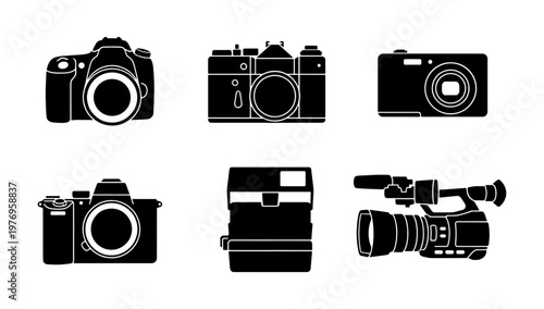 Vintage camera icons set, retro photography equipment, 6 black vector signs