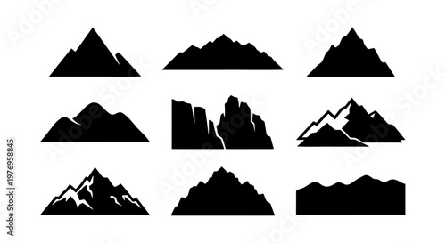 Mountain silhouette icons, 9 peak vector shapes, black range silhouettes