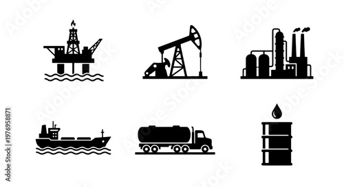Industrial oil and gas icons, 6 petroleum energy vector symbols, fuel production