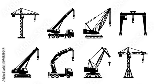 Industrial crane vector icons, heavy machinery set, construction equipment