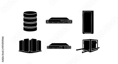 Data server icon set, 6 black vector elements for network hosting and storage