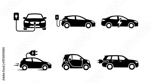 Electric vehicle icons, 6 EV car silhouettes, green energy transport vector