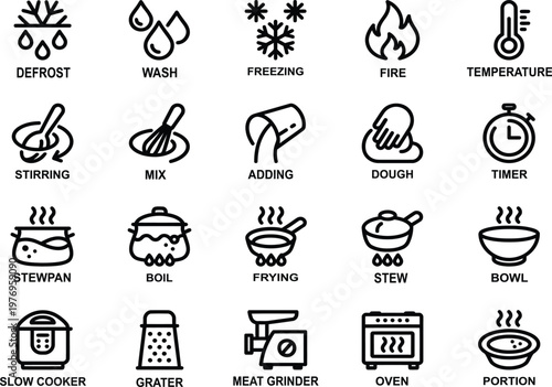 Cooking instructions set of icons including boiling frying mixing stirring and kitchen appliances symbols for food prep.