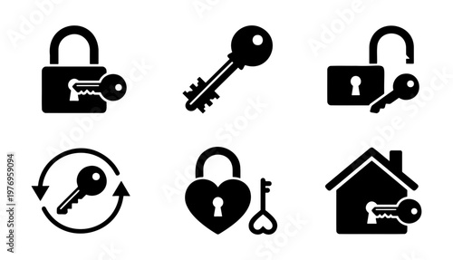 Security lock and key icons, 6 black vector elements, home safety symbols
