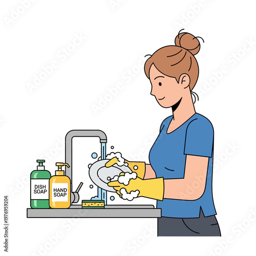 Woman washing dishes at kitchen sink with soap and sponge, cleaning routine