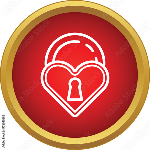 Heart padlock icon on a red button with gold border representing love and security