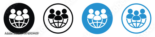 Three people silhouettes standing on a globe grid. Illustrates global connectivity, international networking, worldwide community, and global team collaboration.