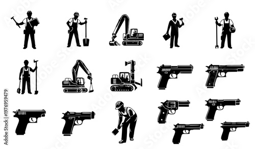 Set of construction worker silhouettes machinery equipment and handgun icons in black flat design industrial and security collection