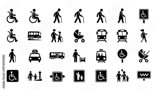 Set of accessibility and public transport icons including wheelchair elderly walking bus taxi stroller and pedestrian symbols