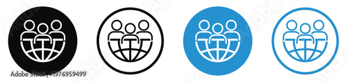 Three people silhouettes standing on a globe grid. Illustrates global connectivity, international networking, worldwide community, and global team collaboration.