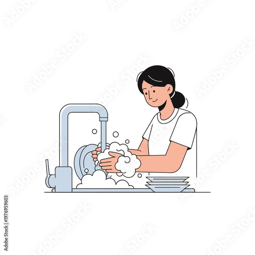 Woman washing dishes in kitchen sink with soap bubbles, everyday chores illustration