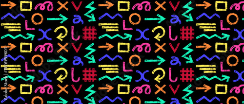 A colorful hand-drawn doodle on a black background. An abstract set of geometric shapes, arrows, and symbols. A creative graphic element for wallpaper or design projects.