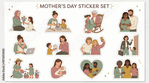 Mothers Day Sticker Set featuring diverse families and heartwarming moments.