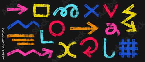 A set of colorful hand-drawn strokes and shapes. A collection of brush-drawn symbols, arrows, and geometric icons. Decorative elements for graphic design.