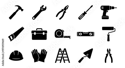 Construction tool icons set, 15 black repair equipment vector symbols