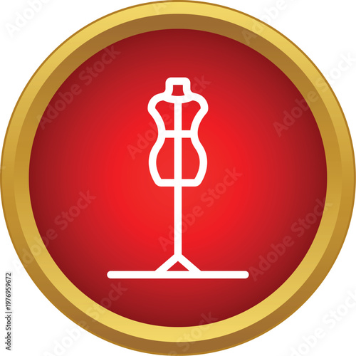 White outline of a tailor's dummy within a red circle with a golden border