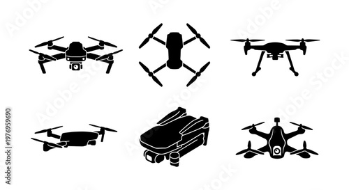 Modern drone icon set, black quadcopter silhouettes, 6 vector drone symbols