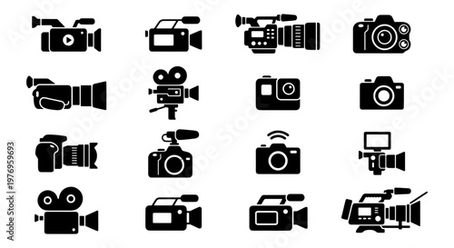 Video camera icons set, 16 professional movie equipment vector symbols
