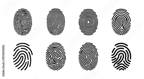 Biometric fingerprint icons, 8 black thumbprint vectors, security id set