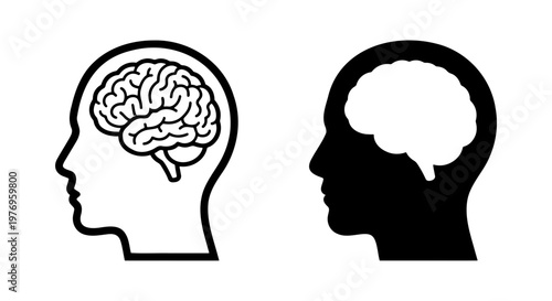 Human brain icon set, head silhouette vector, mental health symbol