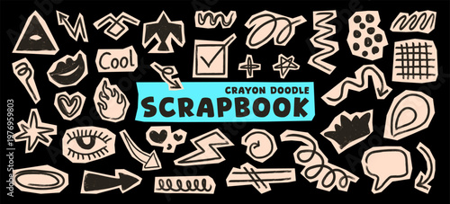 Artistic elements for scrapbooking and creative design projects. Cute illustrated paper stickers for decoration
