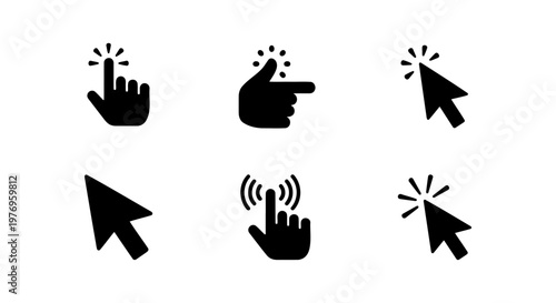 Black cursor icon set, 6 computer mouse pointers, clicking hand vectors