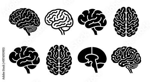 Human brain icon set, 8 medical neurology vectors, black mind symbols