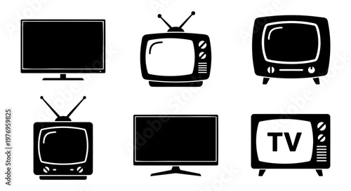 Retro TV icon set, vintage television vectors, 6 screen silhouettes