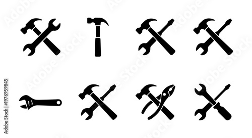 Industrial work tool icons, black hammer and wrench set, 8 vector elements