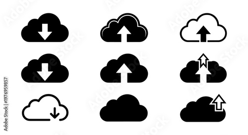 Cloud computing icons set, 9 upload and download vector symbols, data storage
