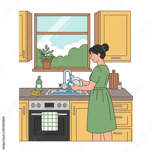 Woman washing dishes in kitchen sink with window view, domestic chores illustration