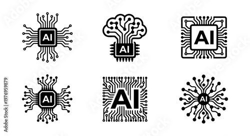 Artificial intelligence icons, 6 AI chip vectors, circuit brain symbols