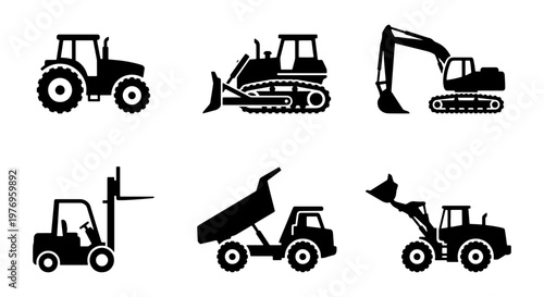 Heavy construction machinery icons, 6 industrial vehicle vector silhouettes