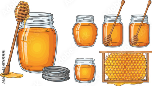 Vector Set of Honey Jars with Dipping Spoons, Bee Honeycomb, and Organic Honey Packaging for Natural Food and Wellness Products