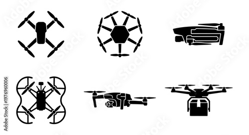 Drone icon set, black quadcopter silhouettes, 6 aerial vehicle vectors