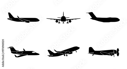 Airplane silhouette icons, 6 aircraft vector set, aviation transport signs