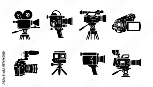 Vintage and modern video camera icons, 8 movie camera vector silhouettes