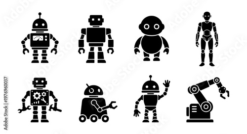 Robot icon set, black silhouette android characters, 8 vector elements
