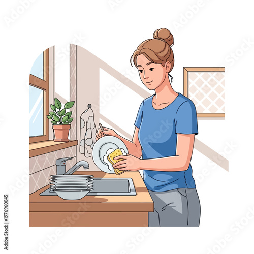 Woman washing dishes in kitchen sink, illustration, daily chores, home hygiene