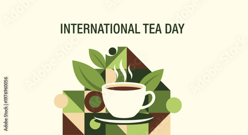 Steaming cup of tea with green leaves and abstract geometric patterns for International Tea Day, light green background