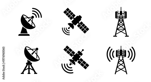 Telecommunication icons set, satellite dish and radio tower vector symbols