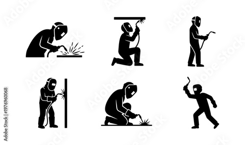 Industrial welder icons, 6 welding worker silhouettes, metalwork vector set