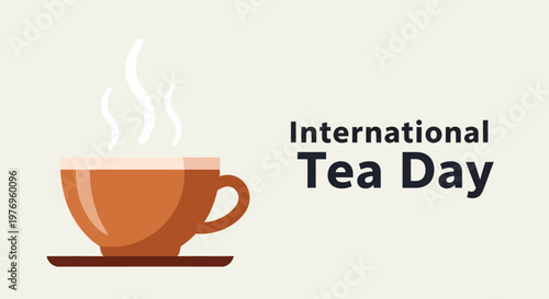Steaming brown cup of tea on a saucer for International Tea Day, light beige background