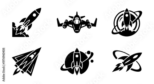 Spaceship icon set, black rocket ship vectors, 6 spacecraft silhouettes
