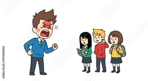 An aggressive man with a flushed face shouts angrily at three surprised students holding books in a tense school hallway scene with stark lighting effects.