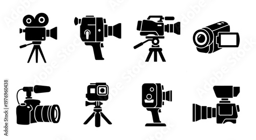 Professional video camera icons, 8 movie equipment vectors, cinema gear set